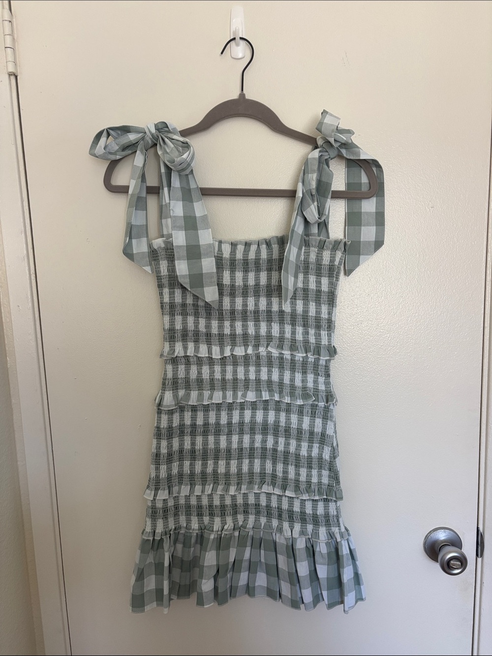Women’s Green Gingham Tie-Shoulder Smocked Dress